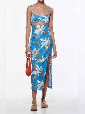 Zara Blue Floral Cutout Midi Dress